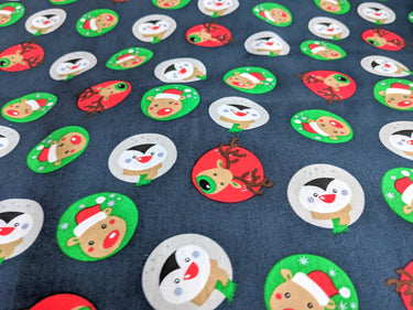 Blue Reindeers Penguins Cotton Poplin Fabric Christmas Fabric, Festive Fabric, Holiday Fabric